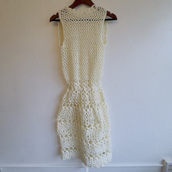 Handmade Crochet Sleeveless Cardigan Vest Ivory Tie Waist – One Size Boho Layer - Picture 6 of 8